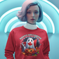 A woman wears a red Happy Halloween Canada ghost and pumpkin sweatshirt.