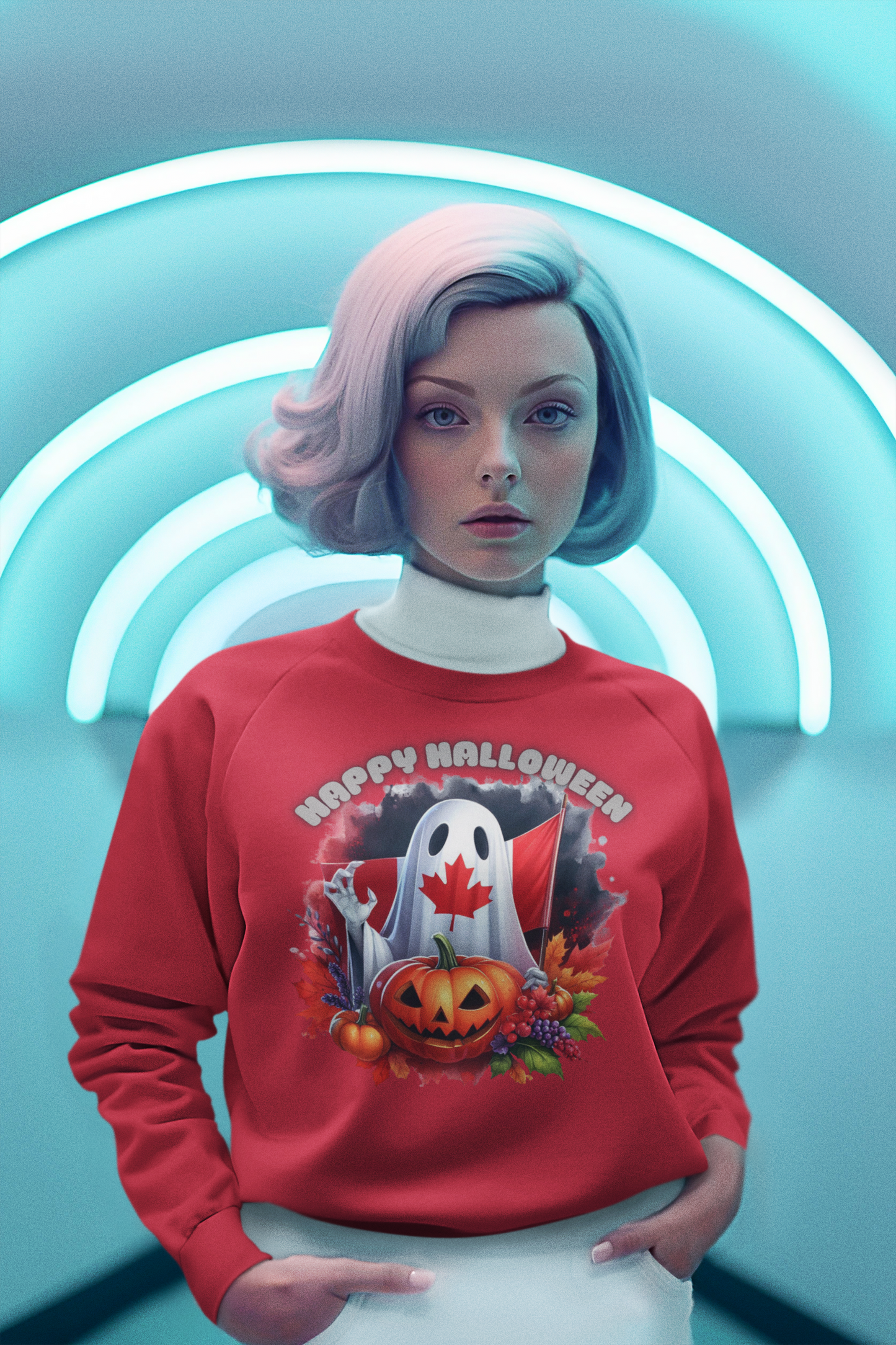 A woman wears a red Happy Halloween Canada ghost and pumpkin sweatshirt.