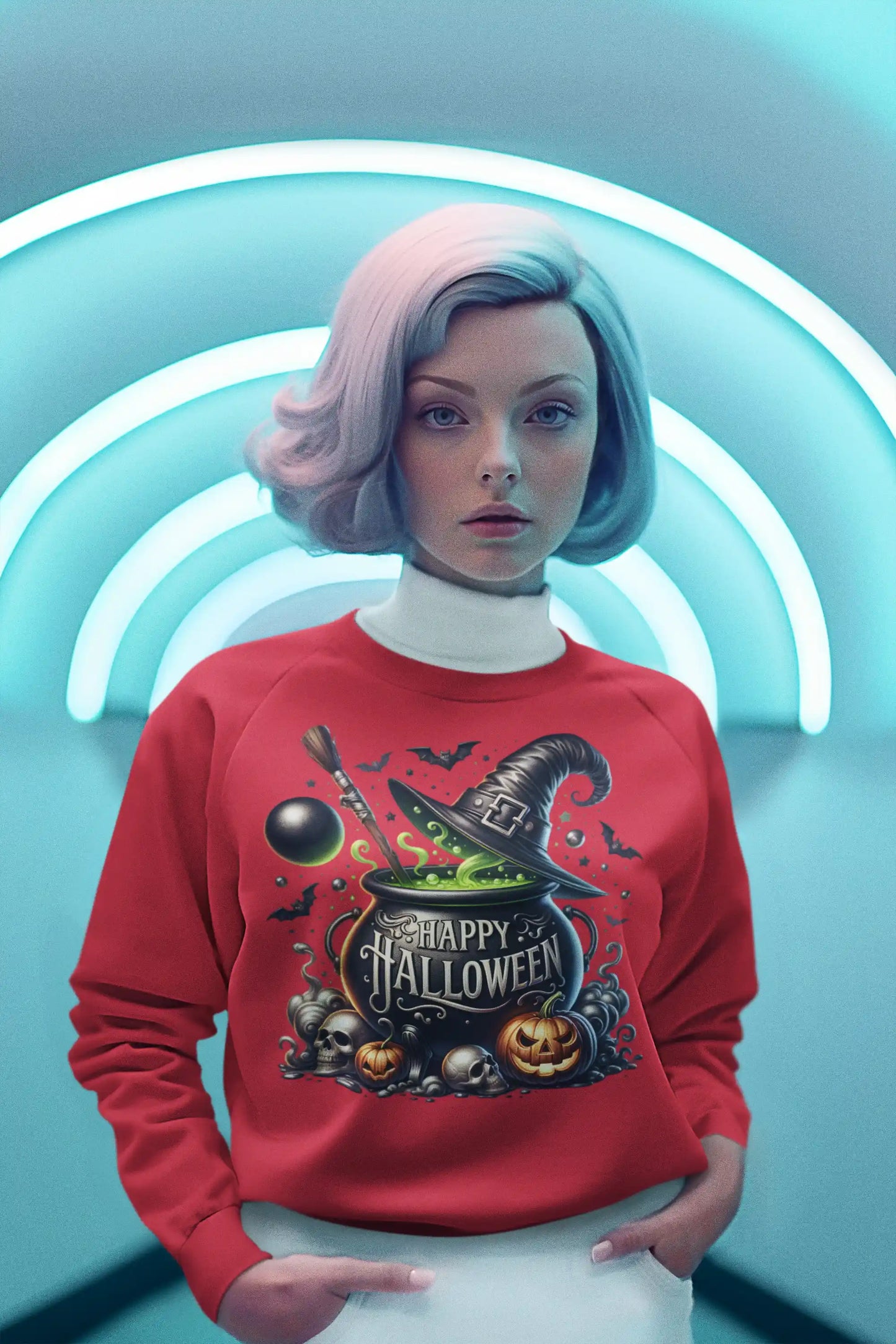 Red long-sleeve sweatshirt with a Halloween cauldron and witch hat graphic.