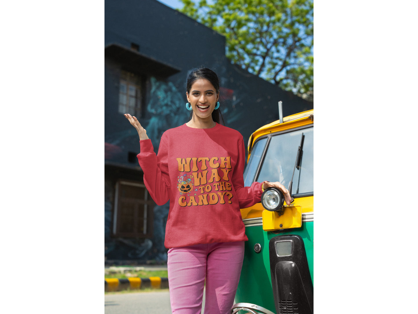Witch Way to the Candy Halloween Sweatshirt – Bella+Canvas 3501 Unisex Pullover – Spooky Funny Fall Sweater (S–3XL, Multiple Colors)