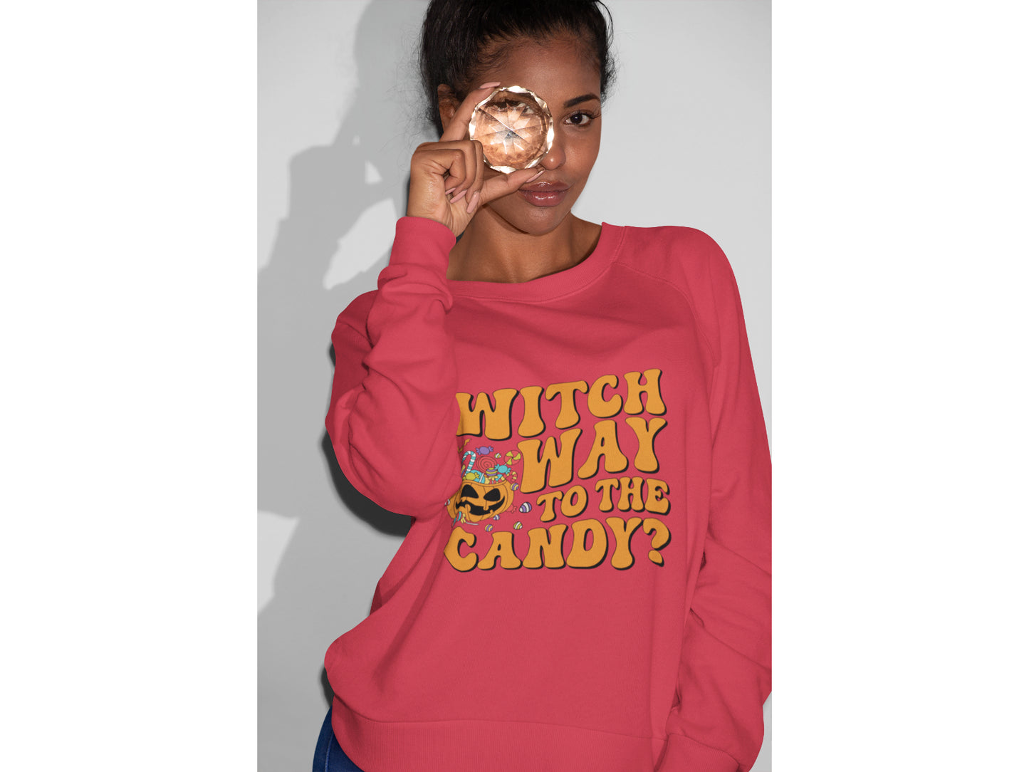 Witch Way to the Candy Halloween Sweatshirt – Bella+Canvas 3501 Unisex Pullover – Spooky Funny Fall Sweater (S–3XL, Multiple Colors)