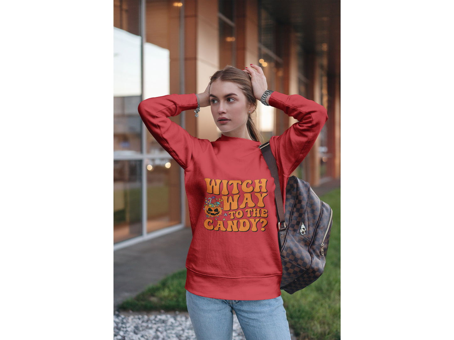 Witch Way to the Candy Halloween Sweatshirt – Bella+Canvas 3501 Unisex Pullover – Spooky Funny Fall Sweater (S–3XL, Multiple Colors)