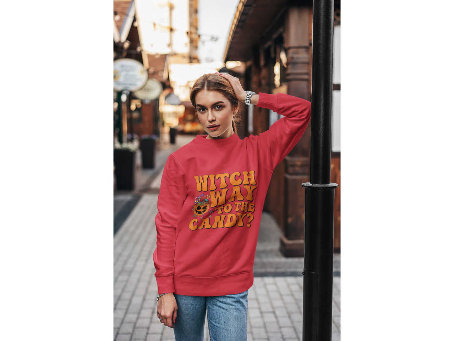 Witch Way to the Candy Halloween Sweatshirt – Bella+Canvas 3501 Unisex Pullover – Spooky Funny Fall Sweater (S–3XL, Multiple Colors)