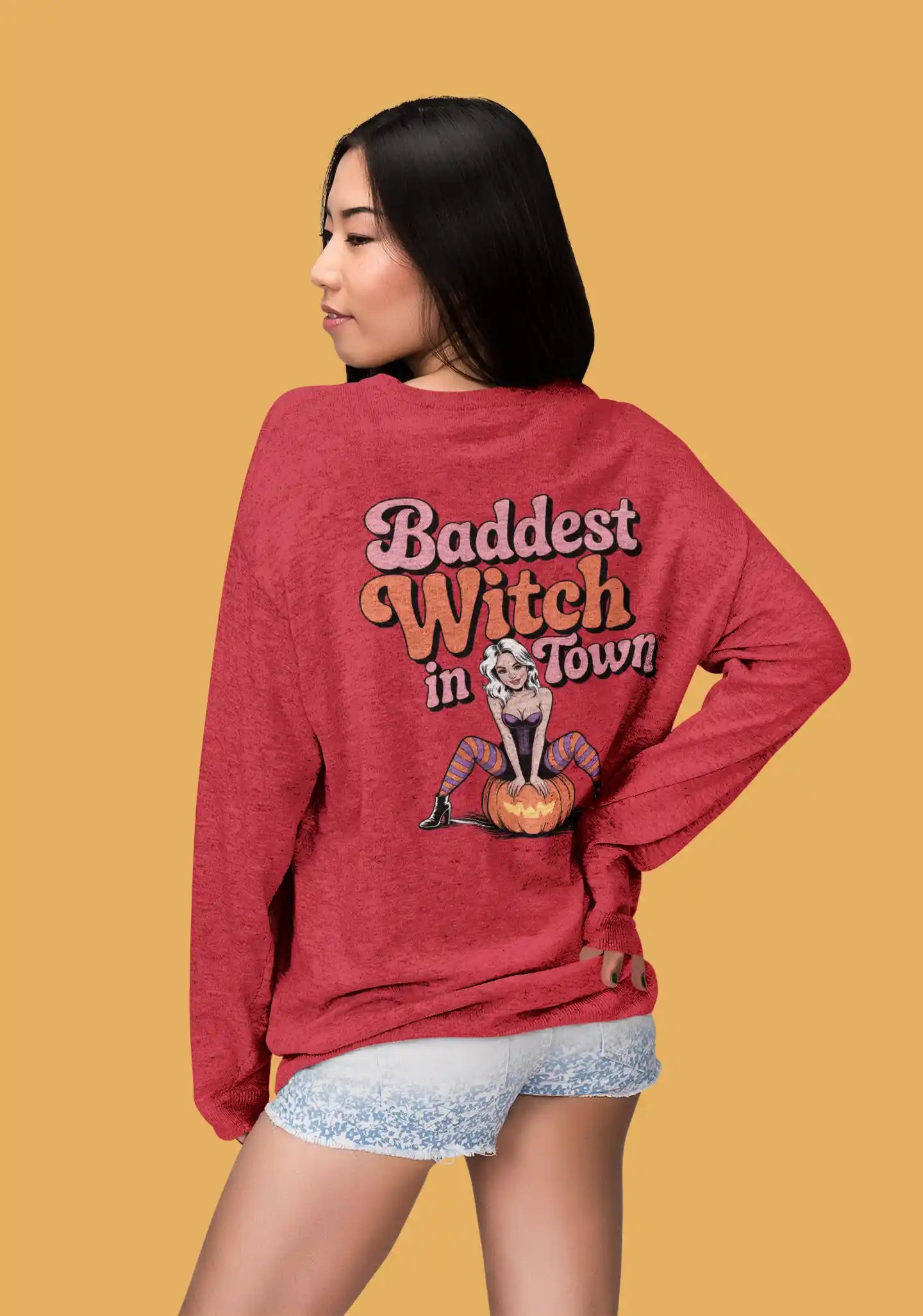 Baddest Witch in Town Retro Halloween Bella+Canvas 3501 Sweatshirt – Spooky Cute Fall Outfit
