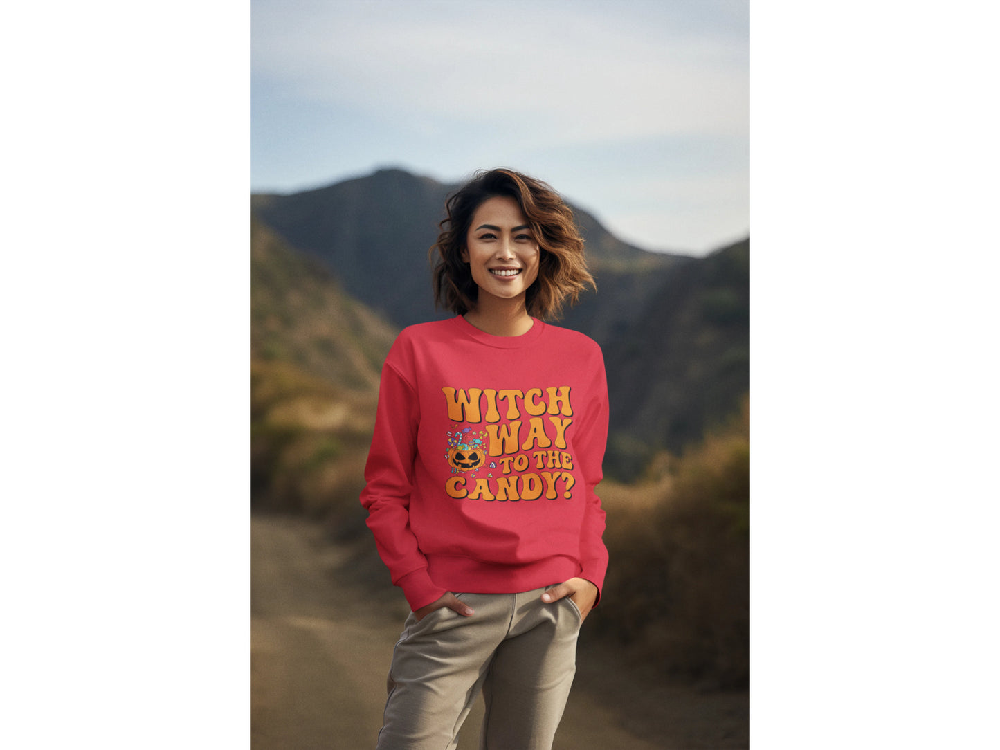 Witch Way to the Candy Halloween Sweatshirt – Bella+Canvas 3501 Unisex Pullover – Spooky Funny Fall Sweater (S–3XL, Multiple Colors)
