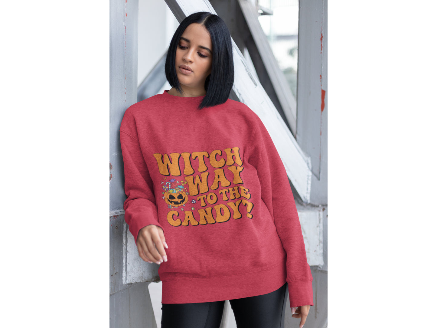 Witch Way to the Candy Halloween Sweatshirt – Bella+Canvas 3501 Unisex Pullover – Spooky Funny Fall Sweater (S–3XL, Multiple Colors)
