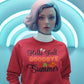 A woman in a red "Hello Fall Goodbye Summer" sweatshirt stands against a blue background.