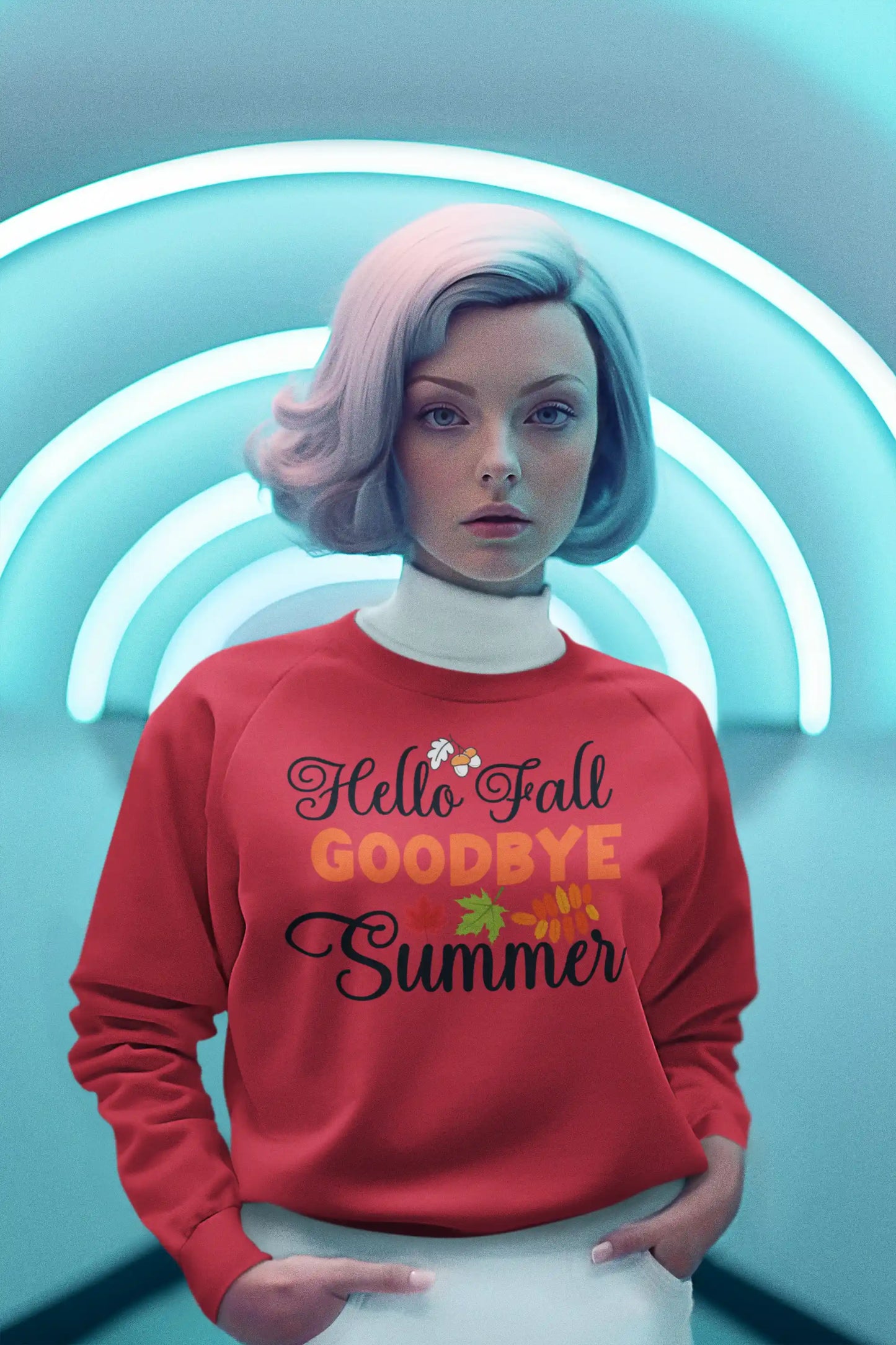 A woman in a red "Hello Fall Goodbye Summer" sweatshirt stands against a blue background.