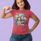 A woman in a red t-shirt with an anime-style graphic of four friends on a beach.