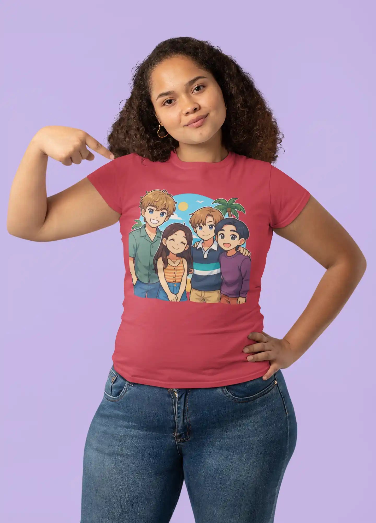 A woman in a red t-shirt with an anime-style graphic of four friends on a beach.