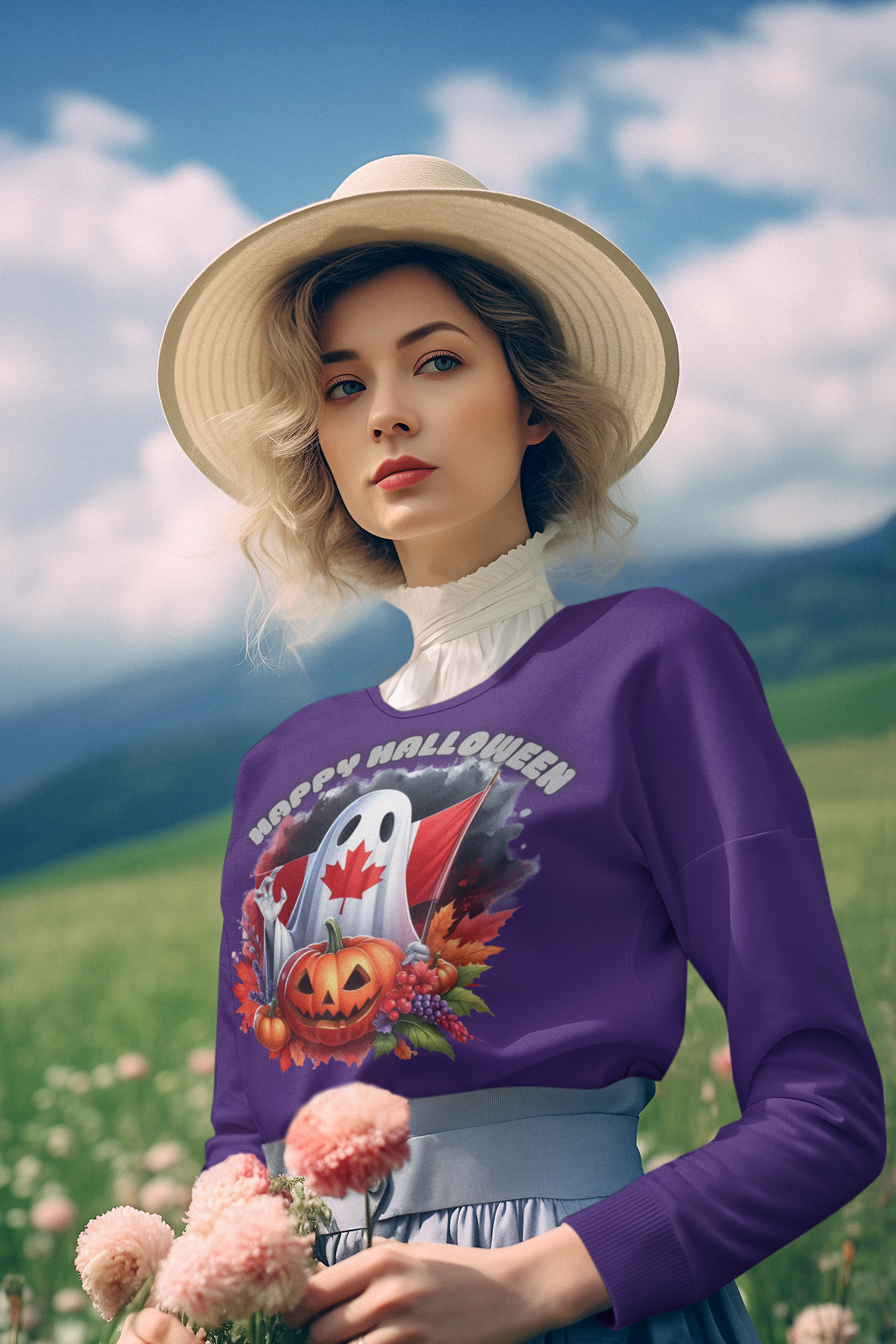 Purple long-sleeve sweatshirt with a Halloween ghost, Canadian flag, and pumpkin design.