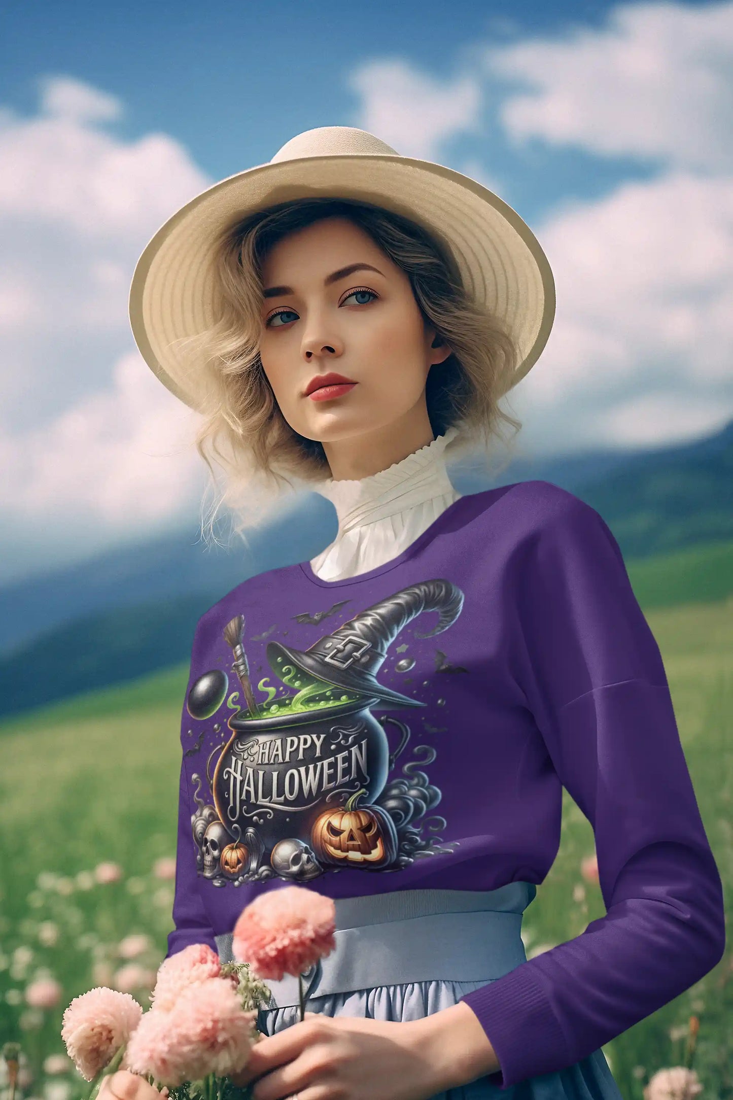 A woman in a purple Halloween sweatshirt and a straw hat holds pink flowers.