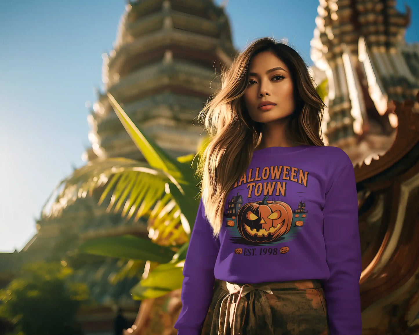 A woman wears a purple Halloween Town sweatshirt with a vintage pumpkin graphic.
