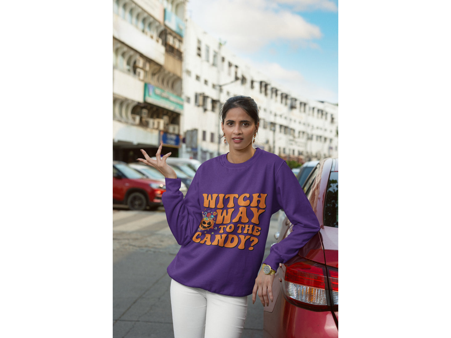 Witch Way to the Candy Halloween Sweatshirt – Bella+Canvas 3501 Unisex Pullover – Spooky Funny Fall Sweater (S–3XL, Multiple Colors)