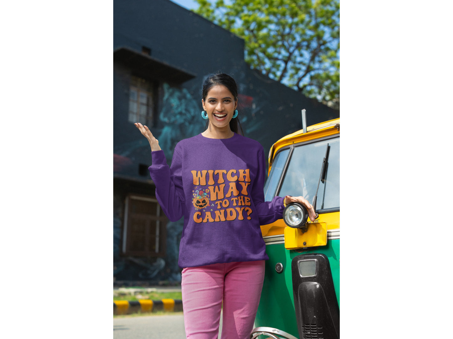 Witch Way to the Candy Halloween Sweatshirt – Bella+Canvas 3501 Unisex Pullover – Spooky Funny Fall Sweater (S–3XL, Multiple Colors)