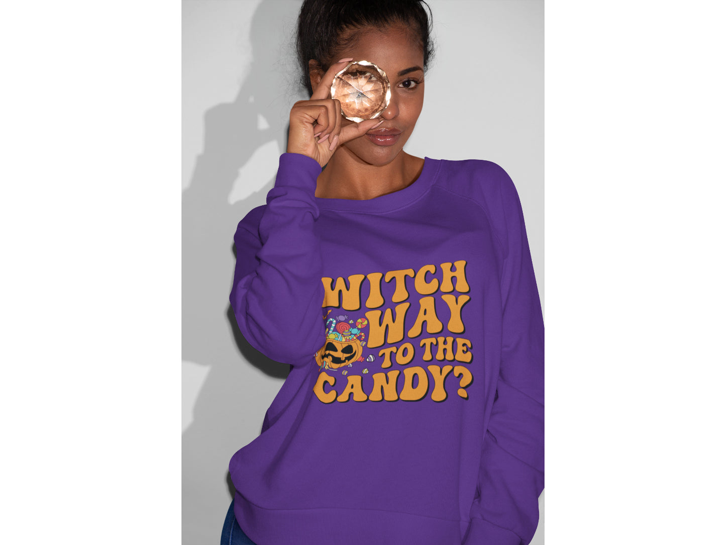 Witch Way to the Candy Halloween Sweatshirt – Bella+Canvas 3501 Unisex Pullover – Spooky Funny Fall Sweater (S–3XL, Multiple Colors)