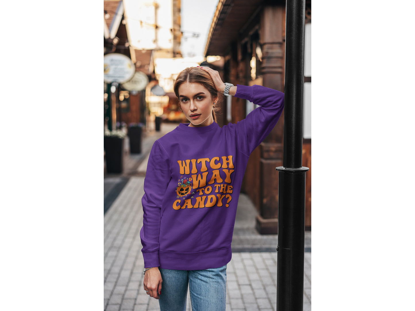 Witch Way to the Candy Halloween Sweatshirt – Bella+Canvas 3501 Unisex Pullover – Spooky Funny Fall Sweater (S–3XL, Multiple Colors)