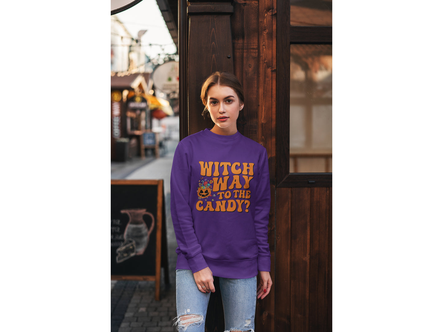 Witch Way to the Candy Halloween Sweatshirt – Bella+Canvas 3501 Unisex Pullover – Spooky Funny Fall Sweater (S–3XL, Multiple Colors)