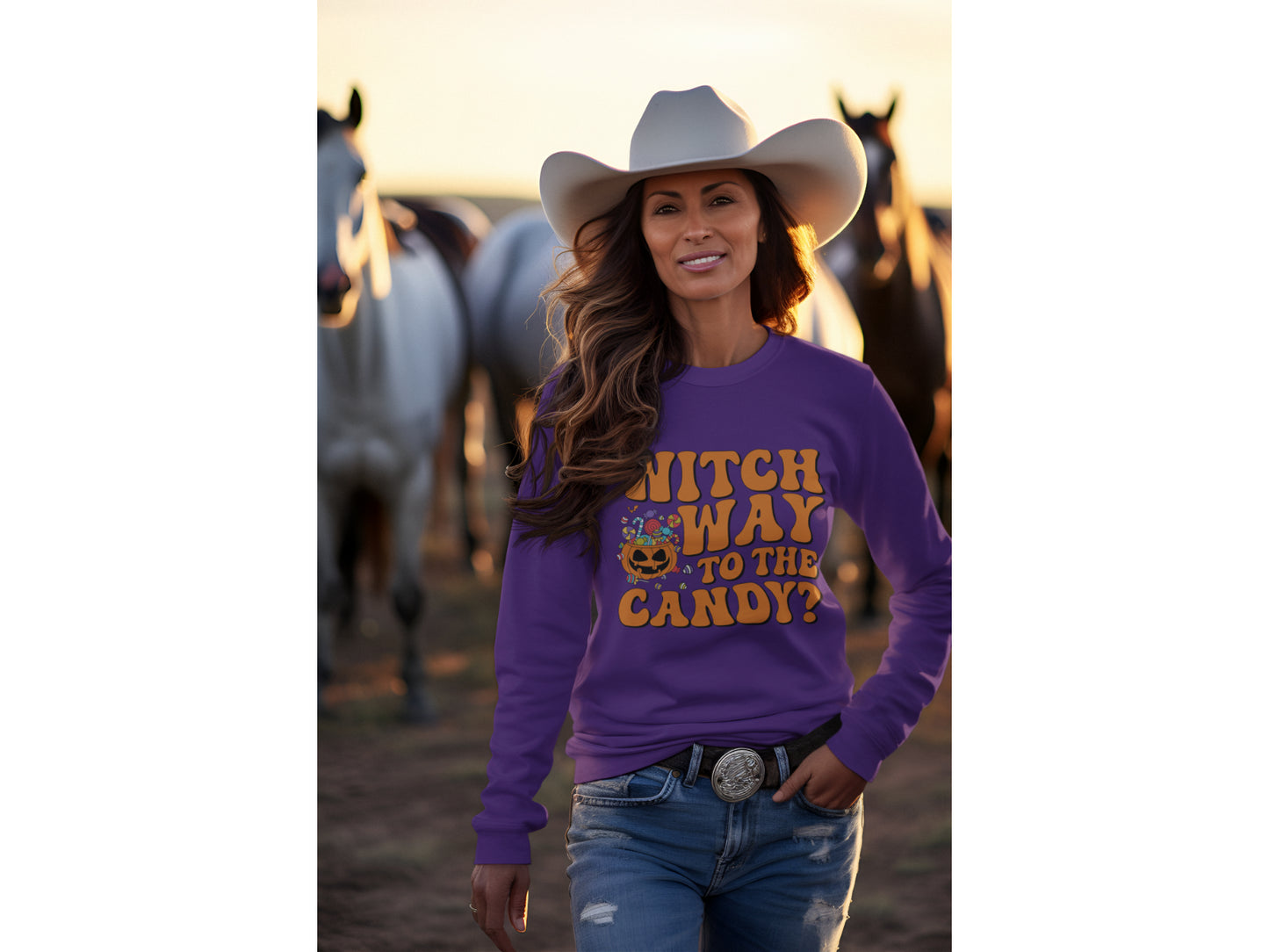 Witch Way to the Candy Halloween Sweatshirt – Bella+Canvas 3501 Unisex Pullover – Spooky Funny Fall Sweater (S–3XL, Multiple Colors)