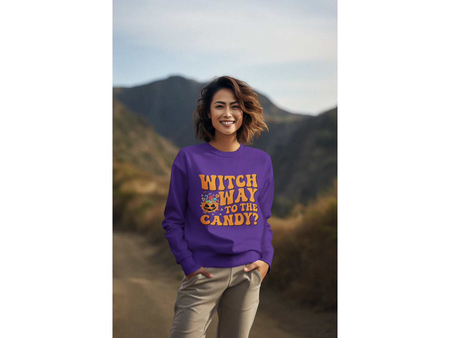 Witch Way to the Candy Halloween Sweatshirt – Bella+Canvas 3501 Unisex Pullover – Spooky Funny Fall Sweater (S–3XL, Multiple Colors)