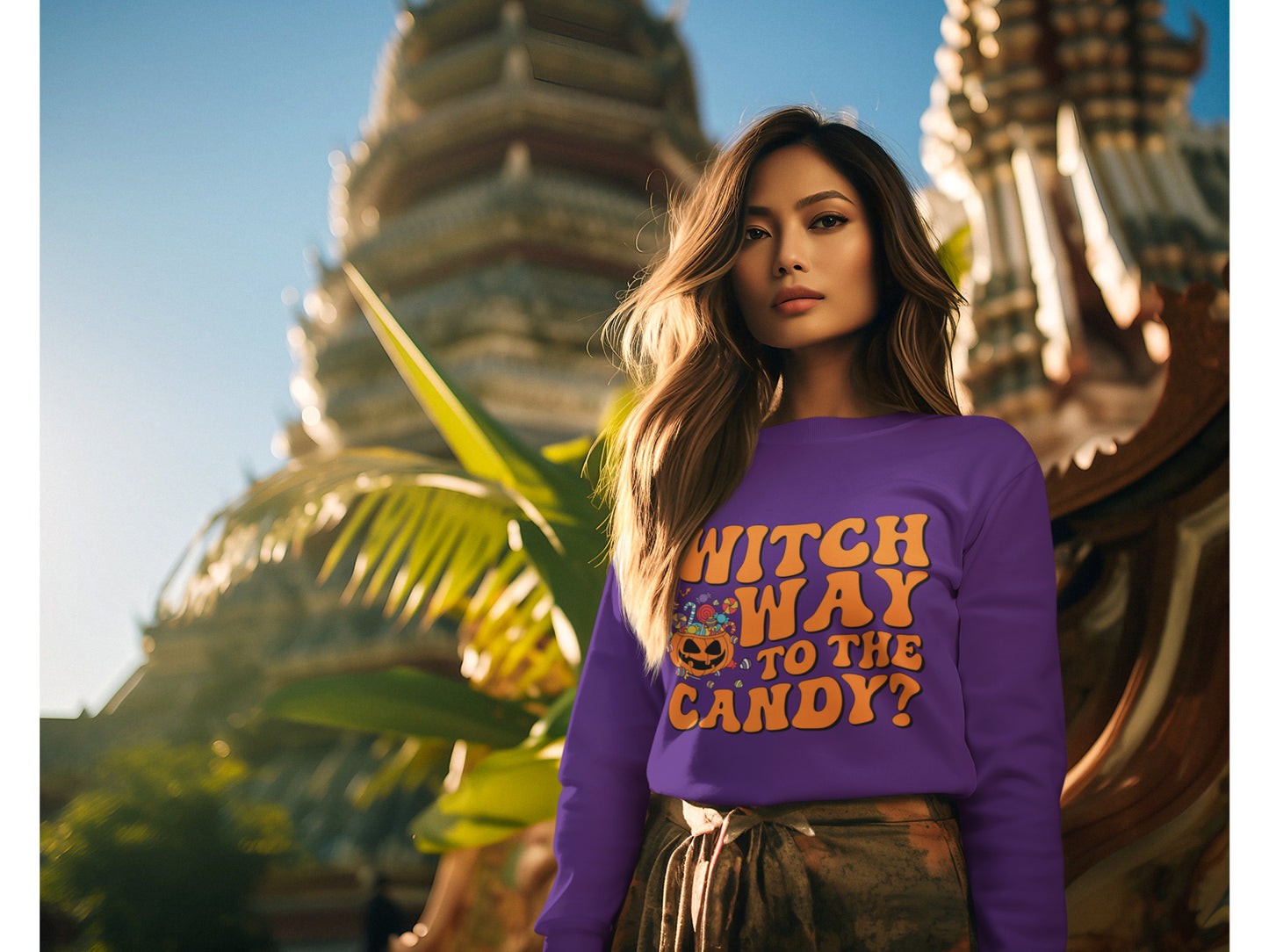 Witch Way to the Candy Halloween Sweatshirt – Bella+Canvas 3501 Unisex Pullover – Spooky Funny Fall Sweater (S–3XL, Multiple Colors)