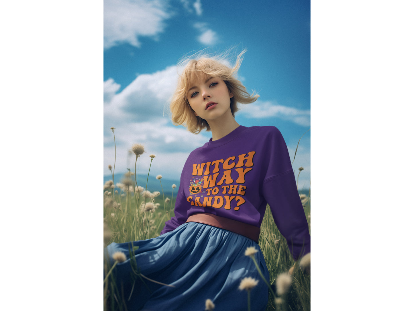 Witch Way to the Candy Halloween Sweatshirt – Bella+Canvas 3501 Unisex Pullover – Spooky Funny Fall Sweater (S–3XL, Multiple Colors)