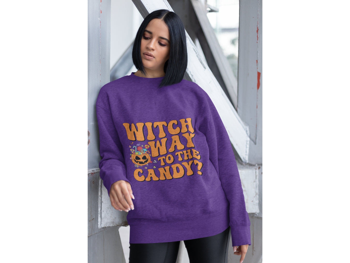 Witch Way to the Candy Halloween Sweatshirt – Bella+Canvas 3501 Unisex Pullover – Spooky Funny Fall Sweater (S–3XL, Multiple Colors)