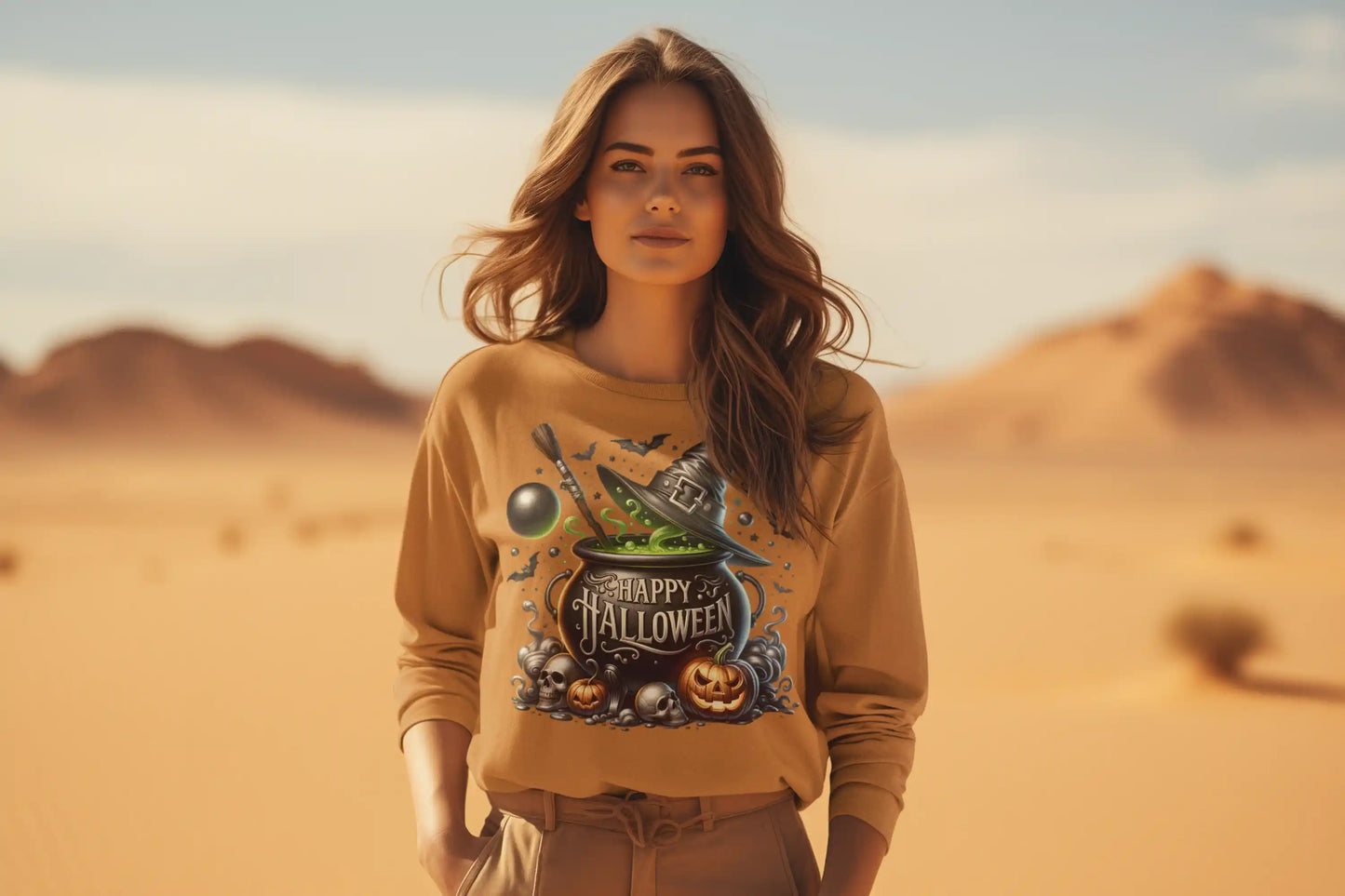A woman in a desert wears a long-sleeve sweatshirt with a Halloween cauldron design.