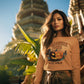 A woman wears a Halloween Town sweatshirt with a pumpkin graphic.