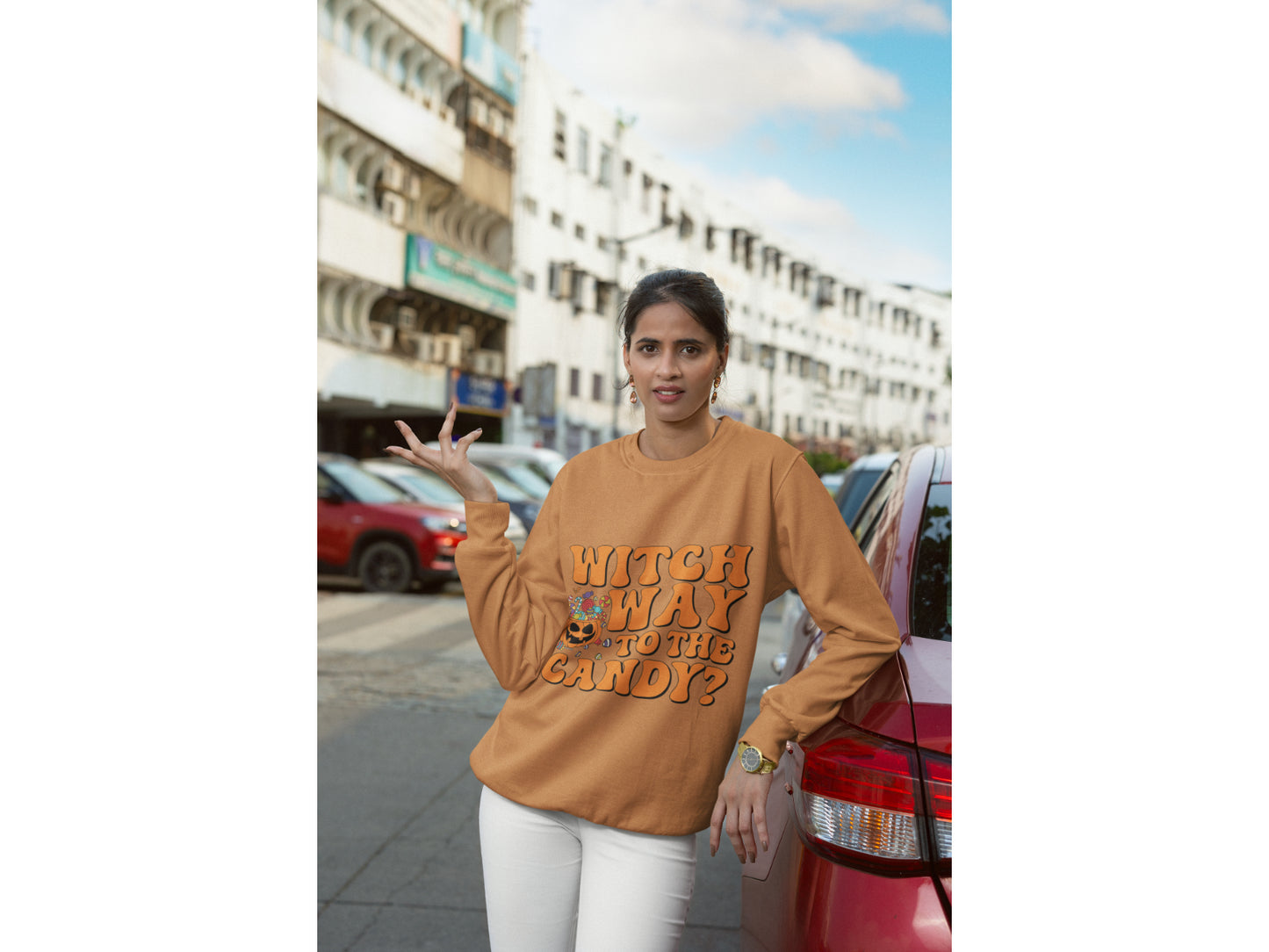 Witch Way to the Candy Halloween Sweatshirt – Bella+Canvas 3501 Unisex Pullover – Spooky Funny Fall Sweater (S–3XL, Multiple Colors)