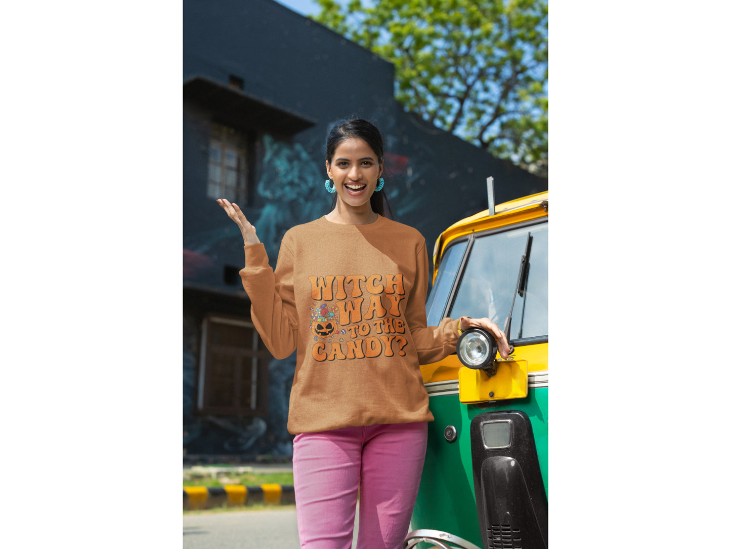Witch Way to the Candy Halloween Sweatshirt – Bella+Canvas 3501 Unisex Pullover – Spooky Funny Fall Sweater (S–3XL, Multiple Colors)