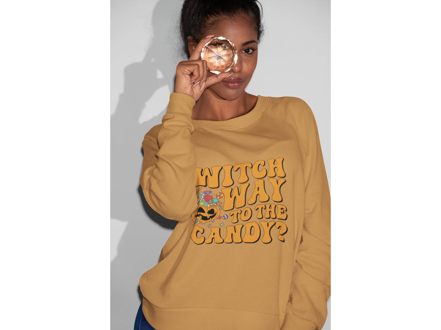 Witch Way to the Candy Halloween Sweatshirt – Bella+Canvas 3501 Unisex Pullover – Spooky Funny Fall Sweater (S–3XL, Multiple Colors)