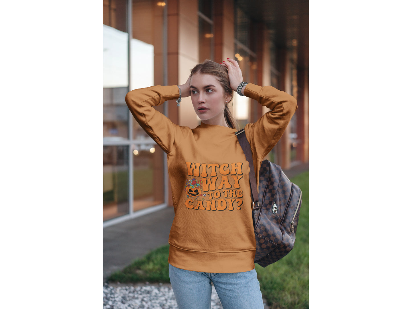 Witch Way to the Candy Halloween Sweatshirt – Bella+Canvas 3501 Unisex Pullover – Spooky Funny Fall Sweater (S–3XL, Multiple Colors)