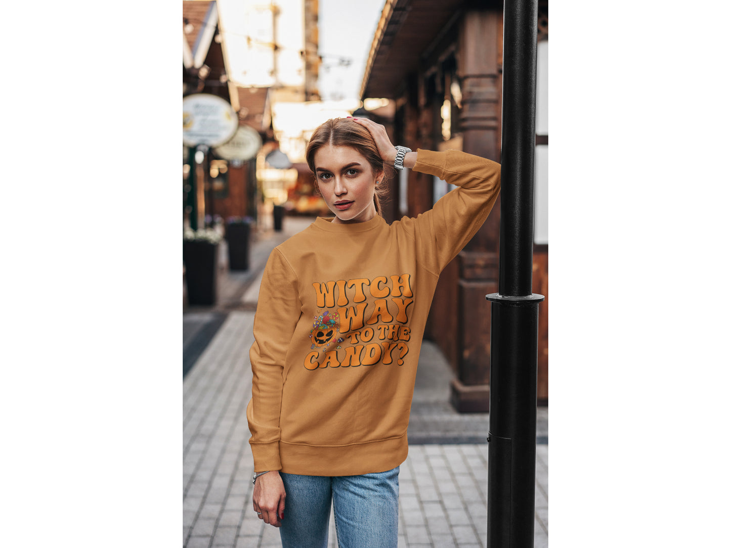 Witch Way to the Candy Halloween Sweatshirt – Bella+Canvas 3501 Unisex Pullover – Spooky Funny Fall Sweater (S–3XL, Multiple Colors)