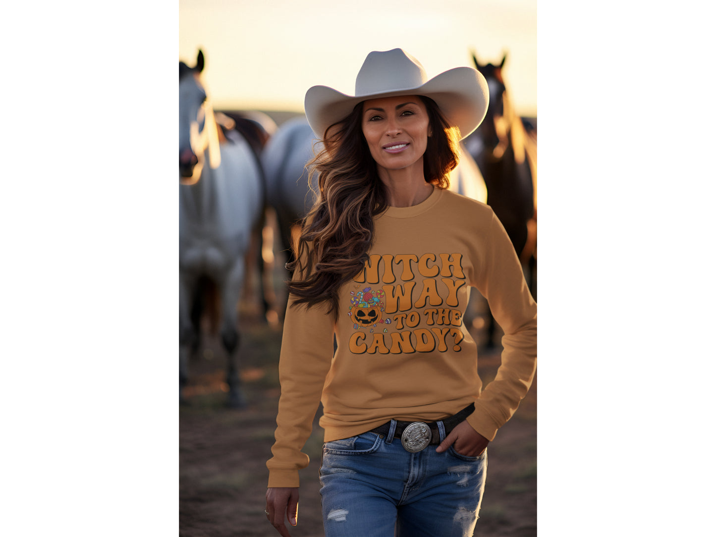 Witch Way to the Candy Halloween Sweatshirt – Bella+Canvas 3501 Unisex Pullover – Spooky Funny Fall Sweater (S–3XL, Multiple Colors)