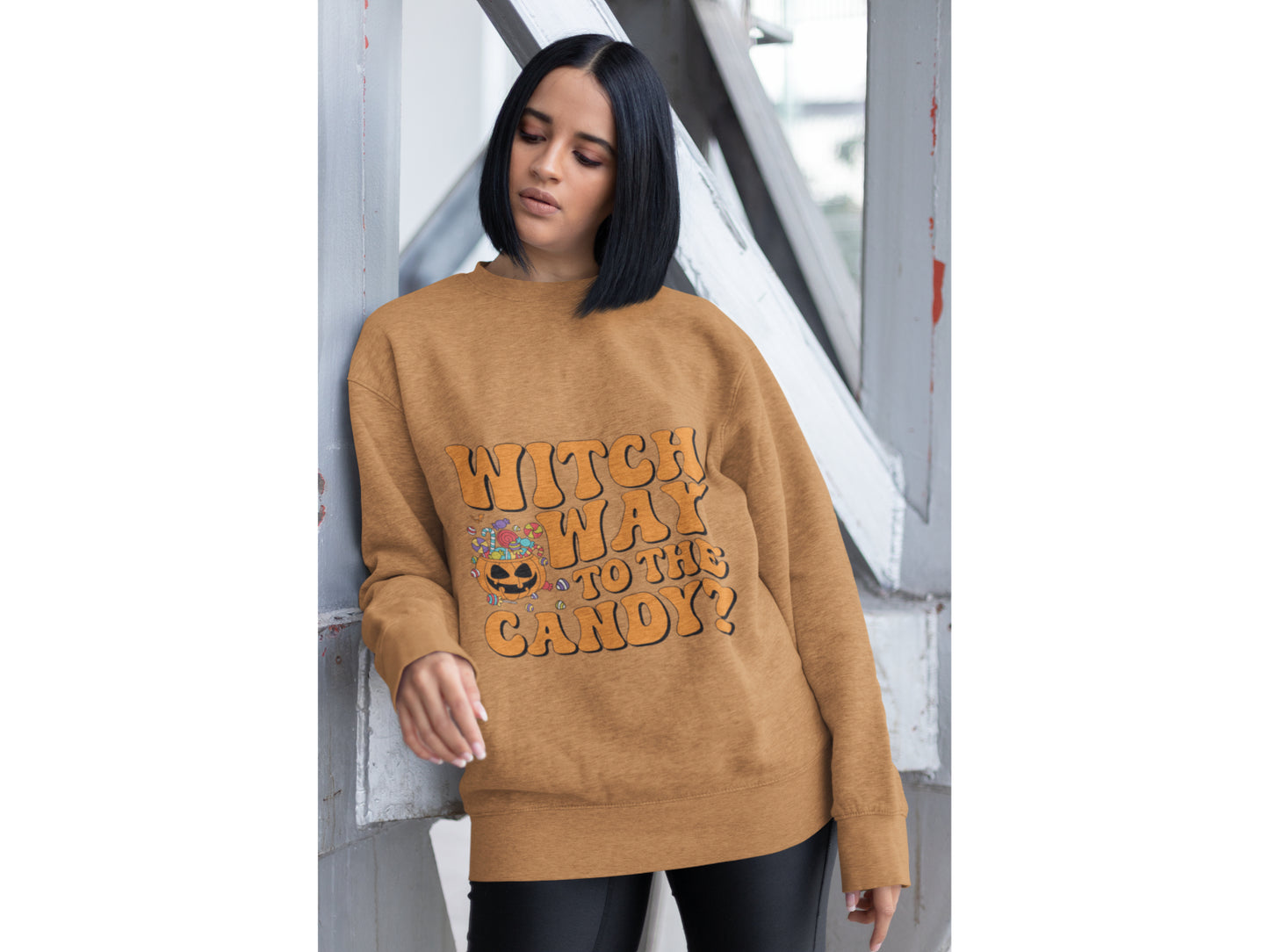 Witch Way to the Candy Halloween Sweatshirt – Bella+Canvas 3501 Unisex Pullover – Spooky Funny Fall Sweater (S–3XL, Multiple Colors)