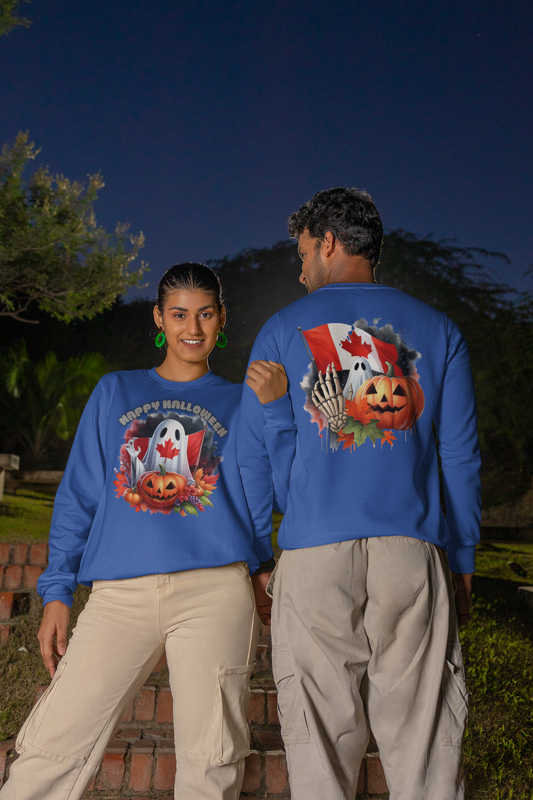 Two people wear blue long-sleeve sweatshirts with Canadian Halloween designs.