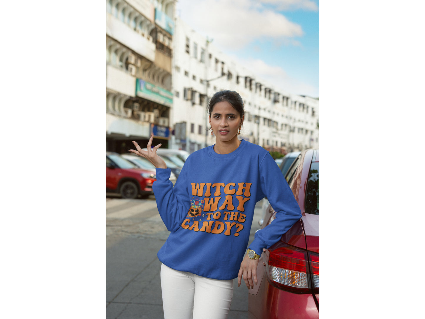 Witch Way to the Candy Halloween Sweatshirt – Bella+Canvas 3501 Unisex Pullover – Spooky Funny Fall Sweater (S–3XL, Multiple Colors)