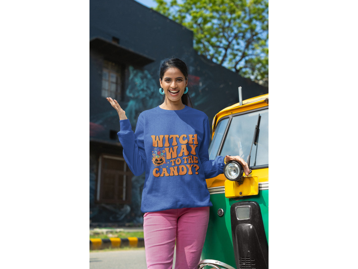 Witch Way to the Candy Halloween Sweatshirt – Bella+Canvas 3501 Unisex Pullover – Spooky Funny Fall Sweater (S–3XL, Multiple Colors)