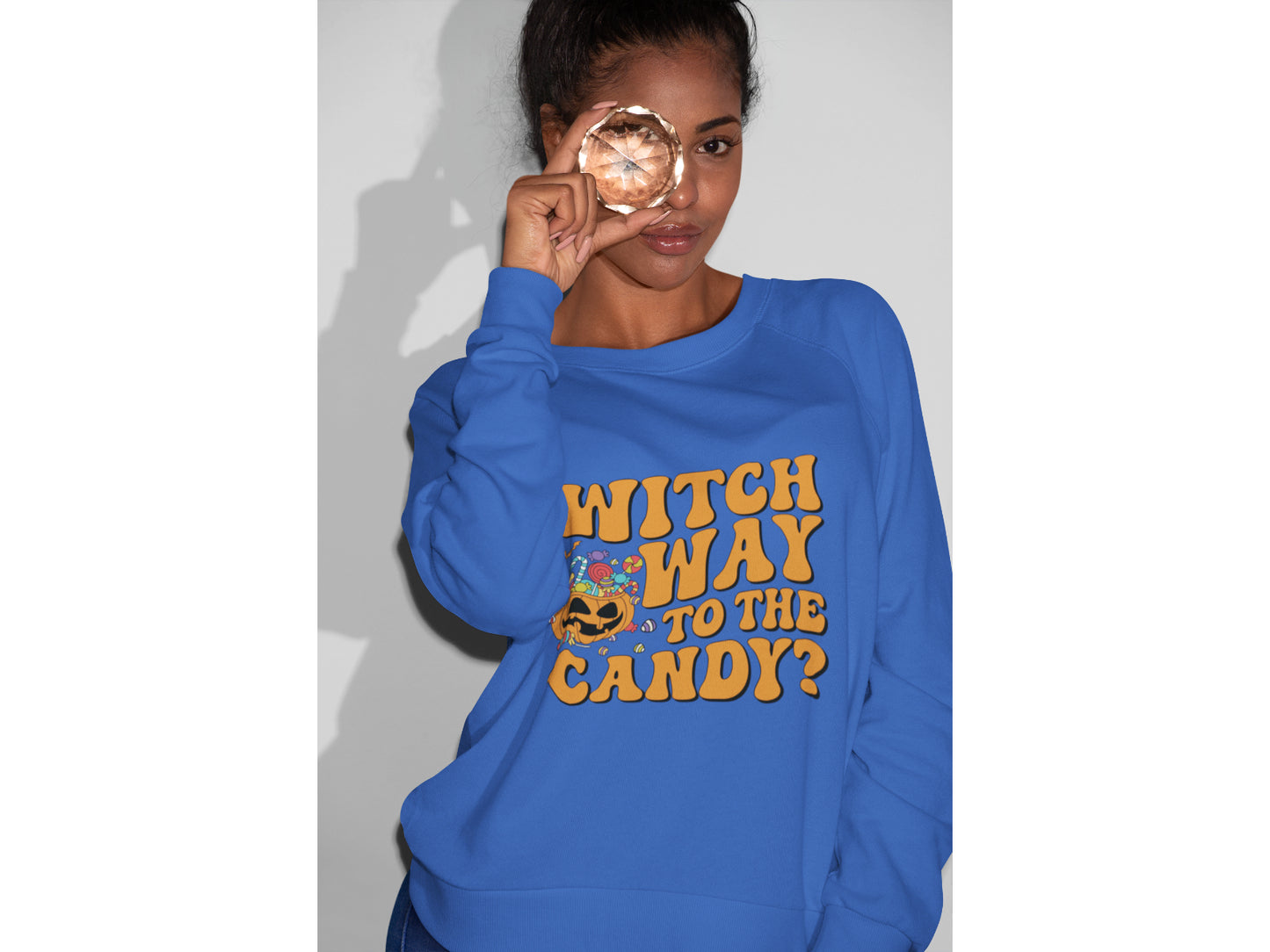 Witch Way to the Candy Halloween Sweatshirt – Bella+Canvas 3501 Unisex Pullover – Spooky Funny Fall Sweater (S–3XL, Multiple Colors)