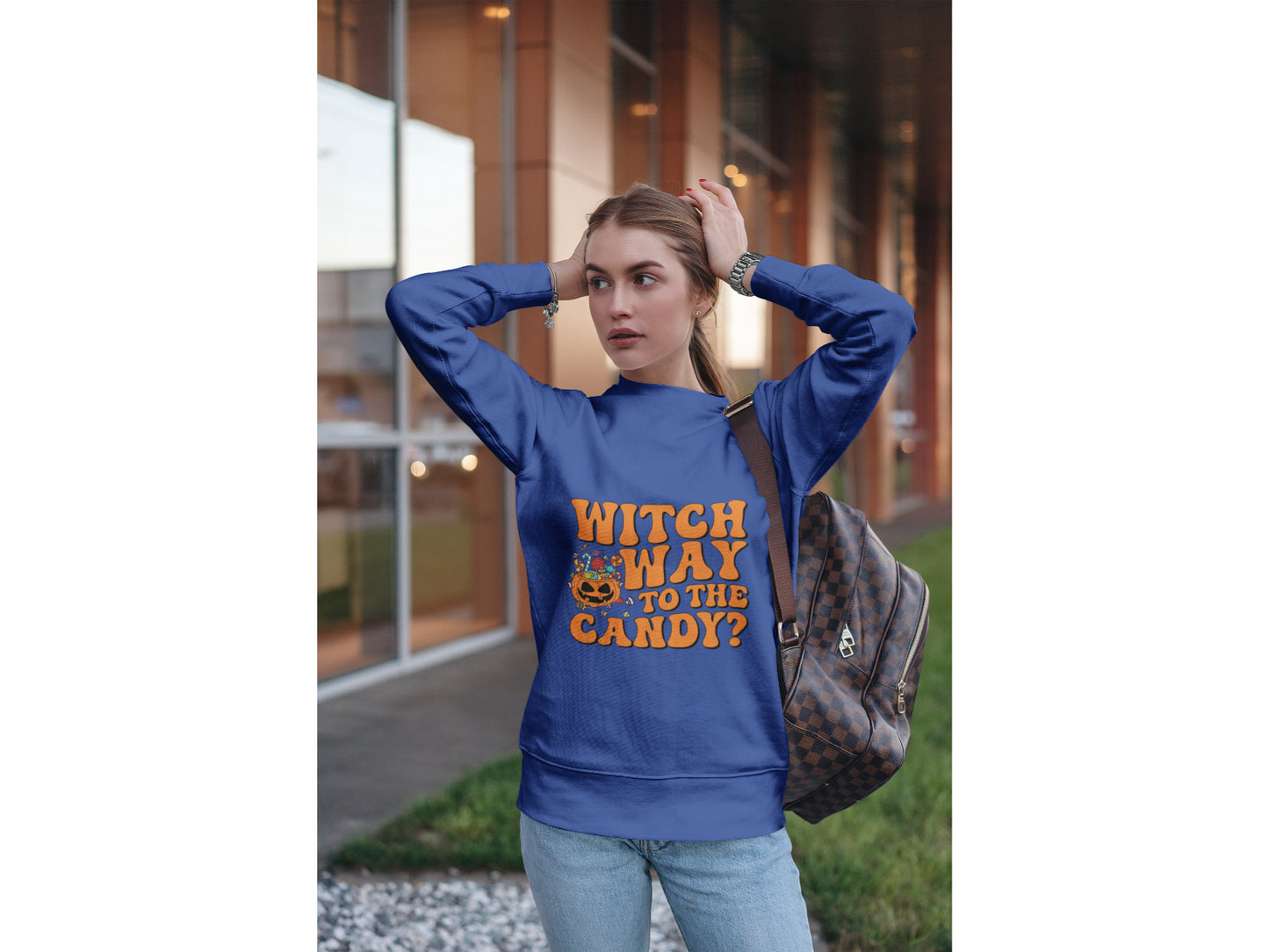 Witch Way to the Candy Halloween Sweatshirt – Bella+Canvas 3501 Unisex Pullover – Spooky Funny Fall Sweater (S–3XL, Multiple Colors)