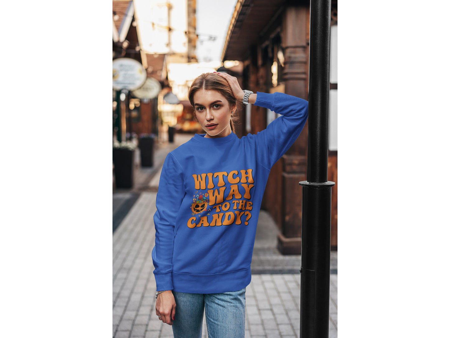 Witch Way to the Candy Halloween Sweatshirt – Bella+Canvas 3501 Unisex Pullover – Spooky Funny Fall Sweater (S–3XL, Multiple Colors)