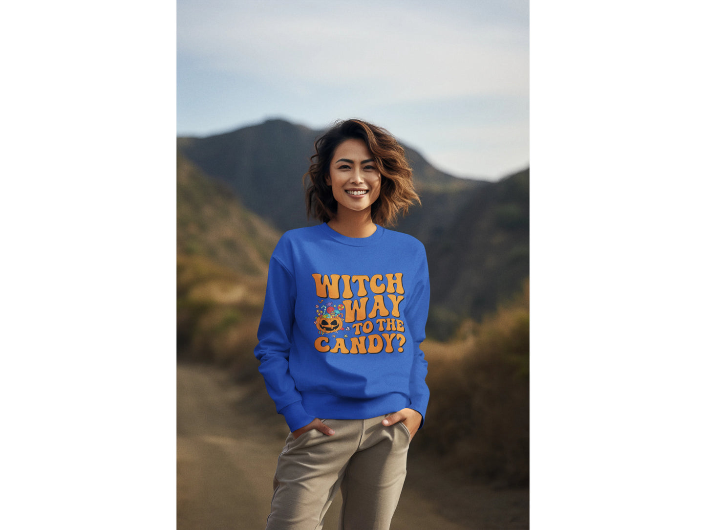 Witch Way to the Candy Halloween Sweatshirt – Bella+Canvas 3501 Unisex Pullover – Spooky Funny Fall Sweater (S–3XL, Multiple Colors)
