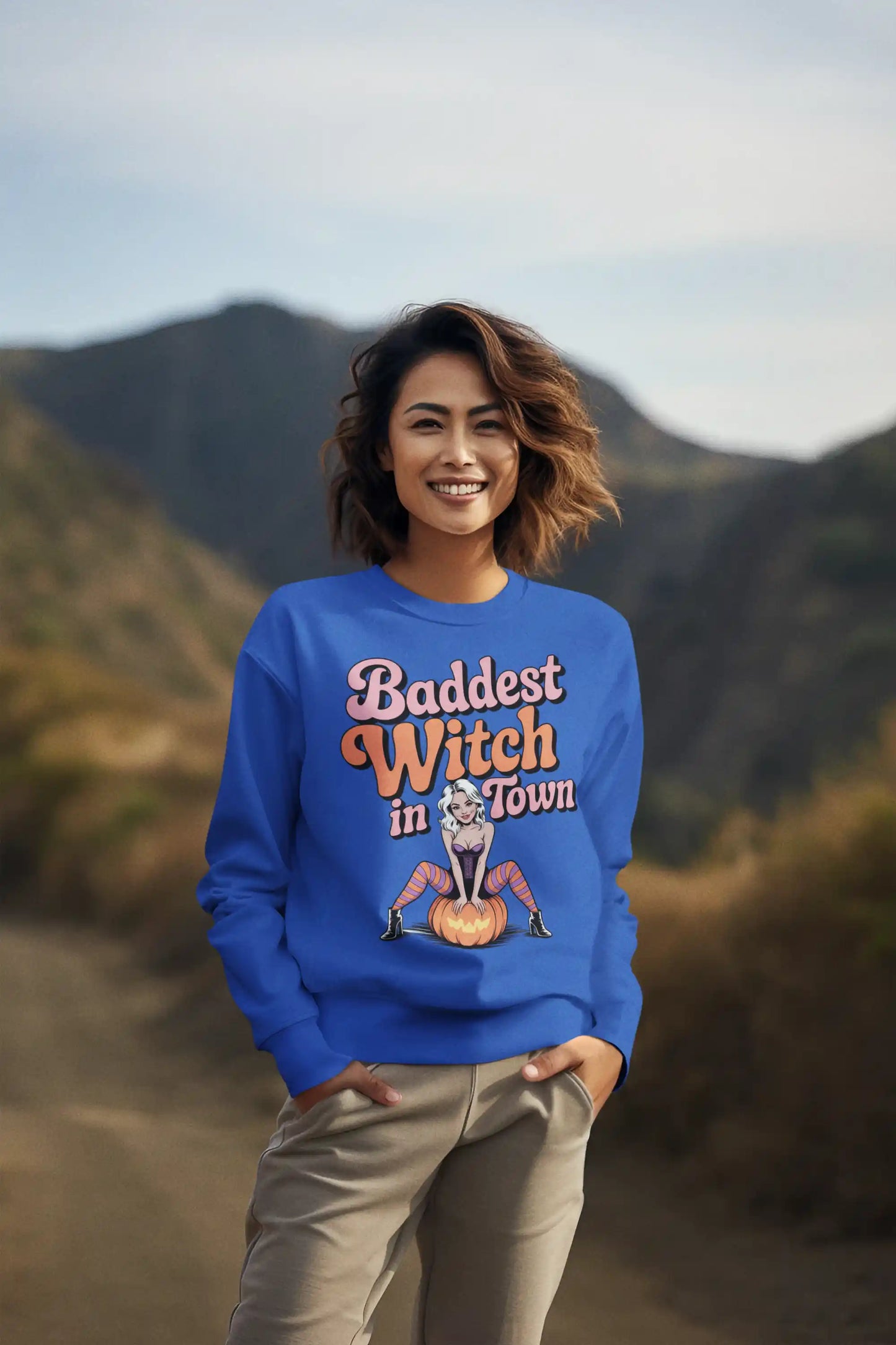 Baddest Witch in Town Retro Halloween Bella+Canvas 3501 Sweatshirt – Spooky Cute Fall Outfit