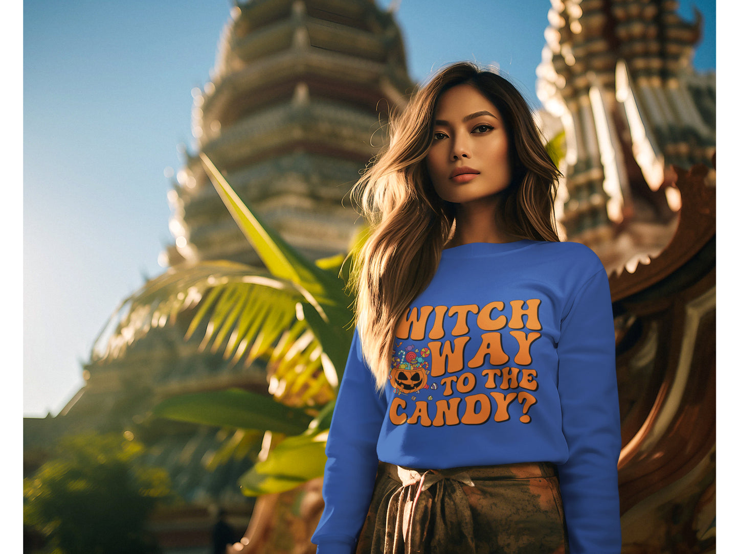 Witch Way to the Candy Halloween Sweatshirt – Bella+Canvas 3501 Unisex Pullover – Spooky Funny Fall Sweater (S–3XL, Multiple Colors)