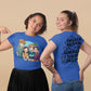 Two women model blue t-shirts, one with an anime design, the other with text.