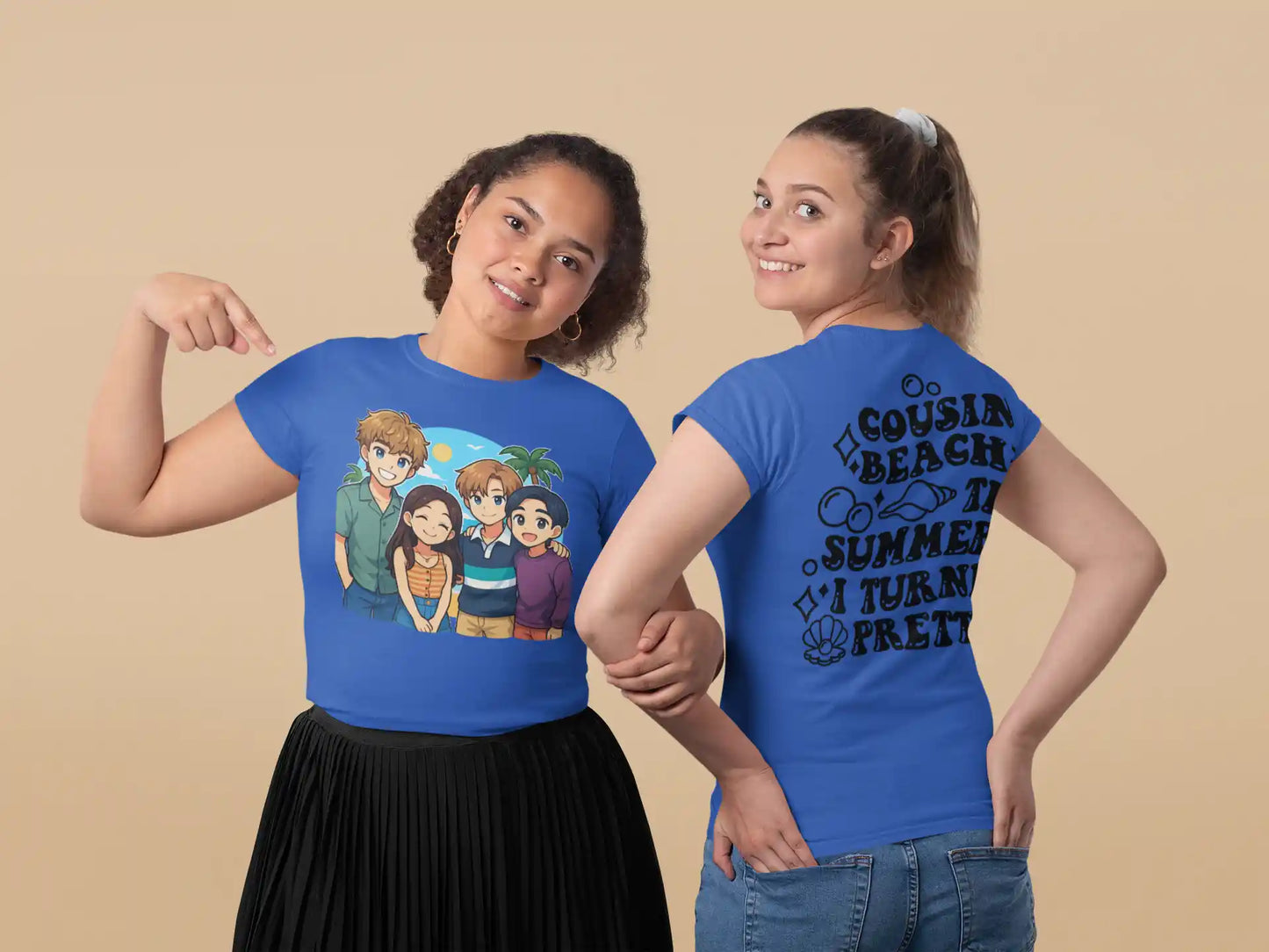 Two women model blue t-shirts, one with an anime design, the other with text.