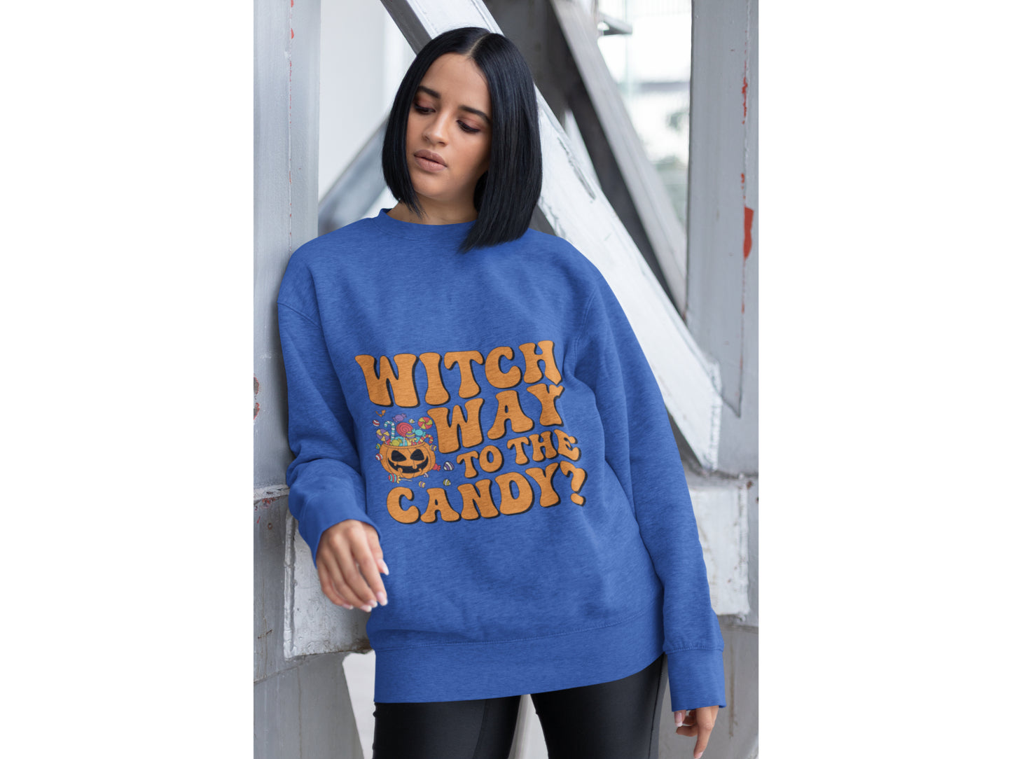 Witch Way to the Candy Halloween Sweatshirt – Bella+Canvas 3501 Unisex Pullover – Spooky Funny Fall Sweater (S–3XL, Multiple Colors)