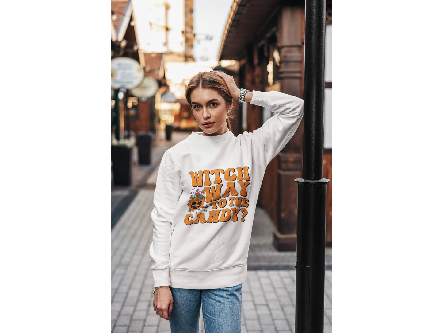 Witch Way to the Candy Halloween Sweatshirt – Bella+Canvas 3501 Unisex Pullover – Spooky Funny Fall Sweater (S–3XL, Multiple Colors)