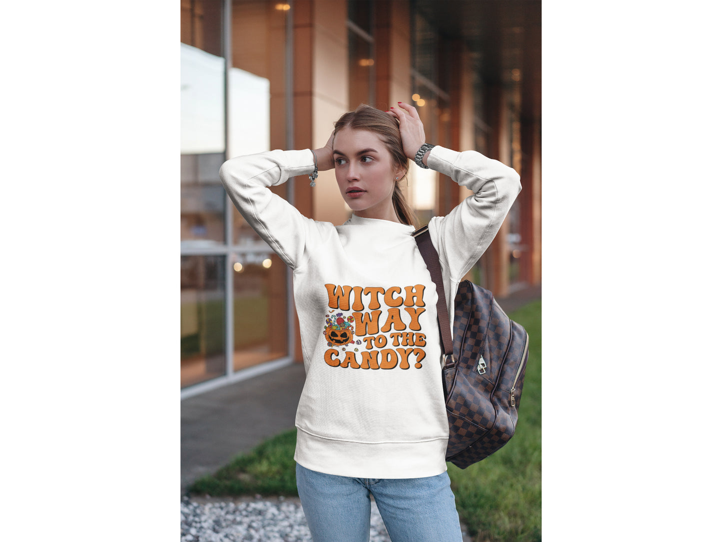 Witch Way to the Candy Halloween Sweatshirt – Bella+Canvas 3501 Unisex Pullover – Spooky Funny Fall Sweater (S–3XL, Multiple Colors)